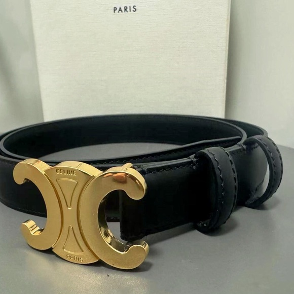 Authentic Celine Ladies Triomphe Black Gold 85 Belt - Picture 3 of 5